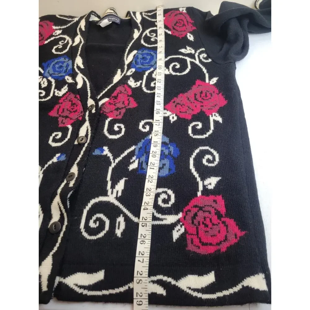 Vtg Maggie McNaughton Cardigan Sweater Black Red Blue Floral Knit Women's 1X‎